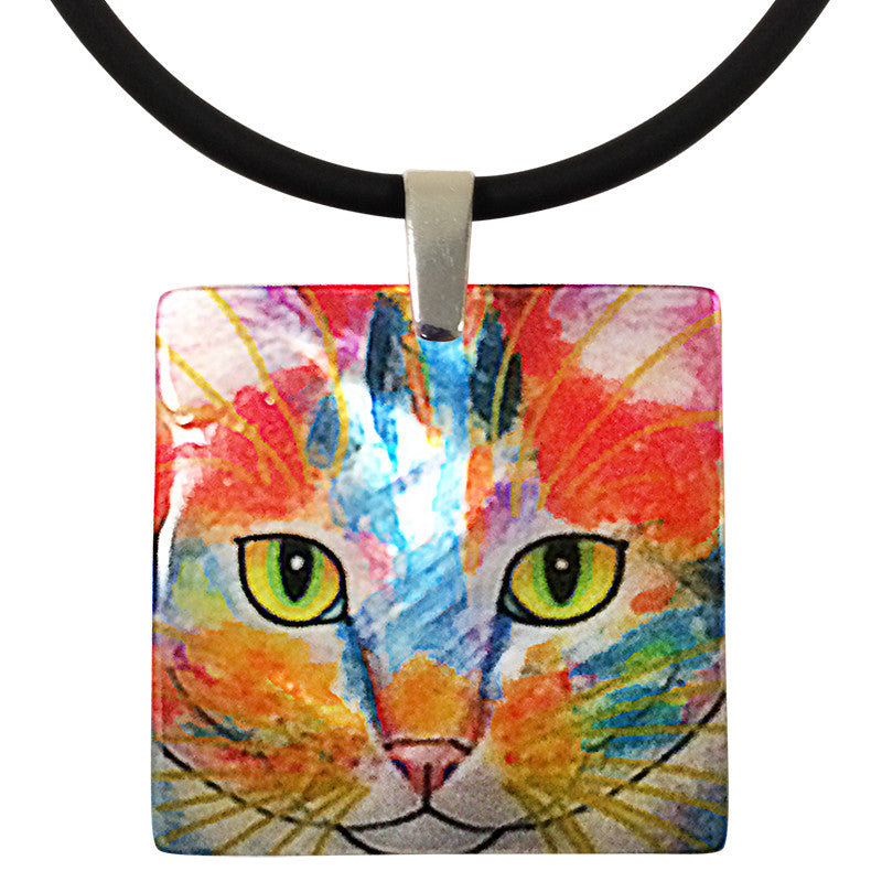 Tabby Fat Cat Face Mother of Pearl Cat Art Pendant Necklace by Claudia Sanchez, Claudia's Cats