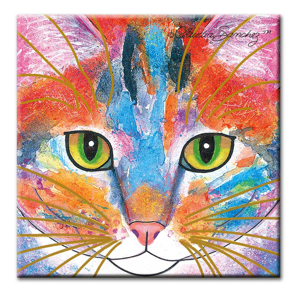 Tabby Fat Cat Face Decorative Ceramic Cat Art Tile by Claudia Sanchez