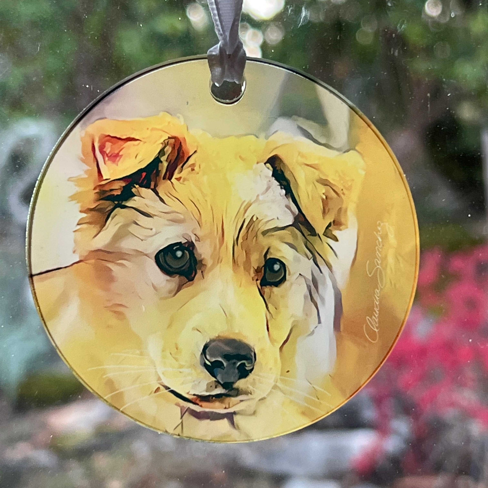 Tucker's Puppy Face Acrylic Dog Art Ornament by Claudia Sanchez