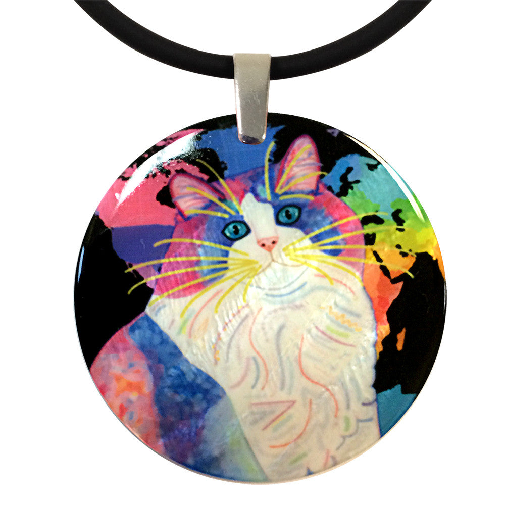 Zapata's World (Night Version) Round Mother of Pearl Cat Art Pendant Necklace by Claudia Sanchez