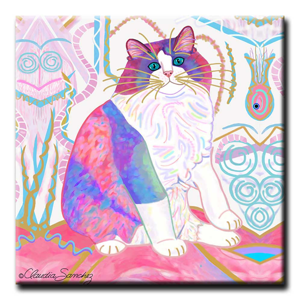 Zapata's Dream World Decorative Ceramic Cat Art Tile by Claudia Sanchez