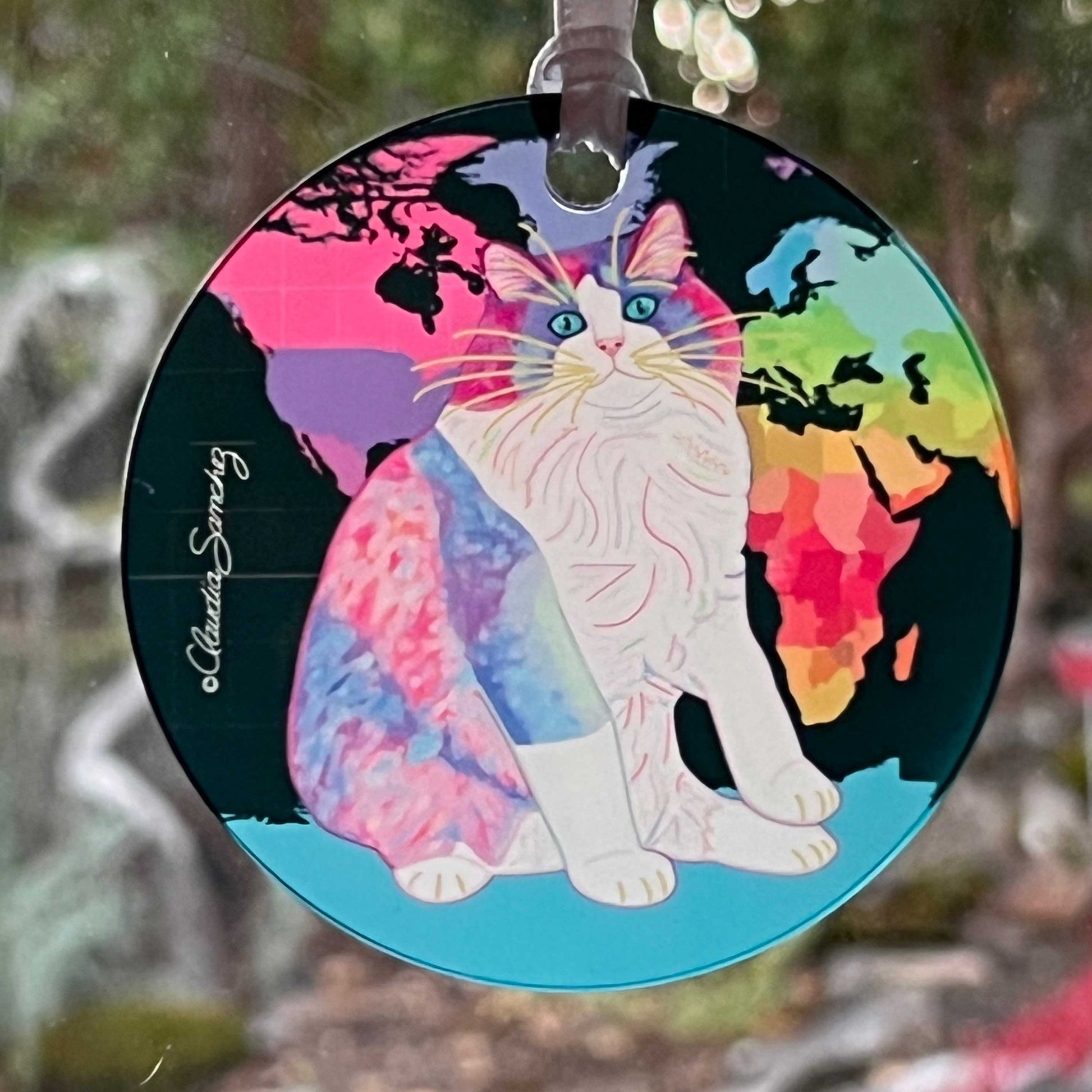 Zapata's World (Night Version) Acrylic Cat Art Ornament by Claudia Sanchez